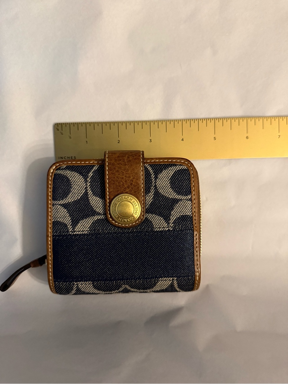 Coach Anniversary Stripe Denim Navy Canvas and Brown Leather Snap Wallet - Picture 3 of 12